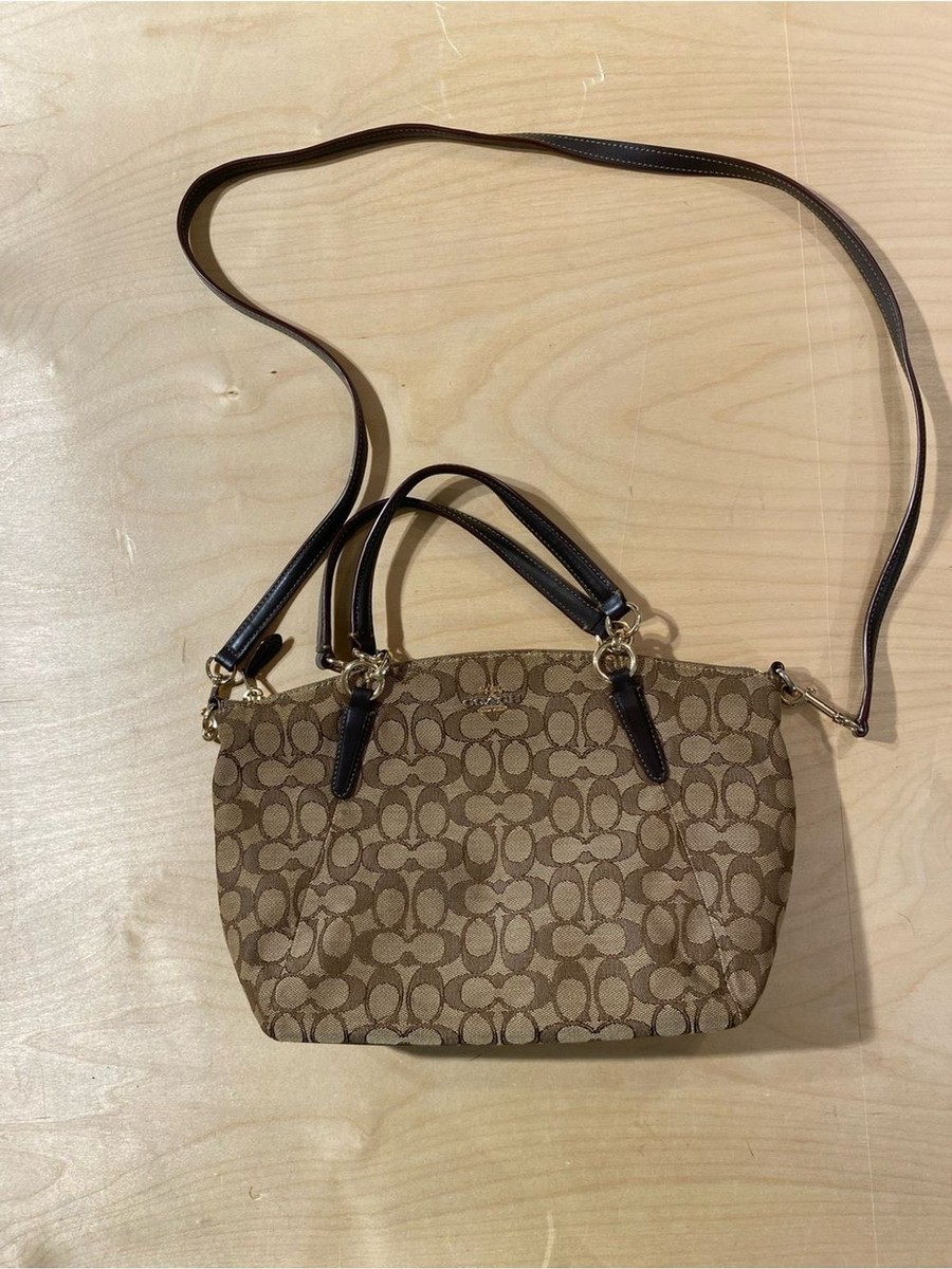 Coach Monogram Canvas Crossbody Satchel in Khaki and Dark Brown (SK) View 2
