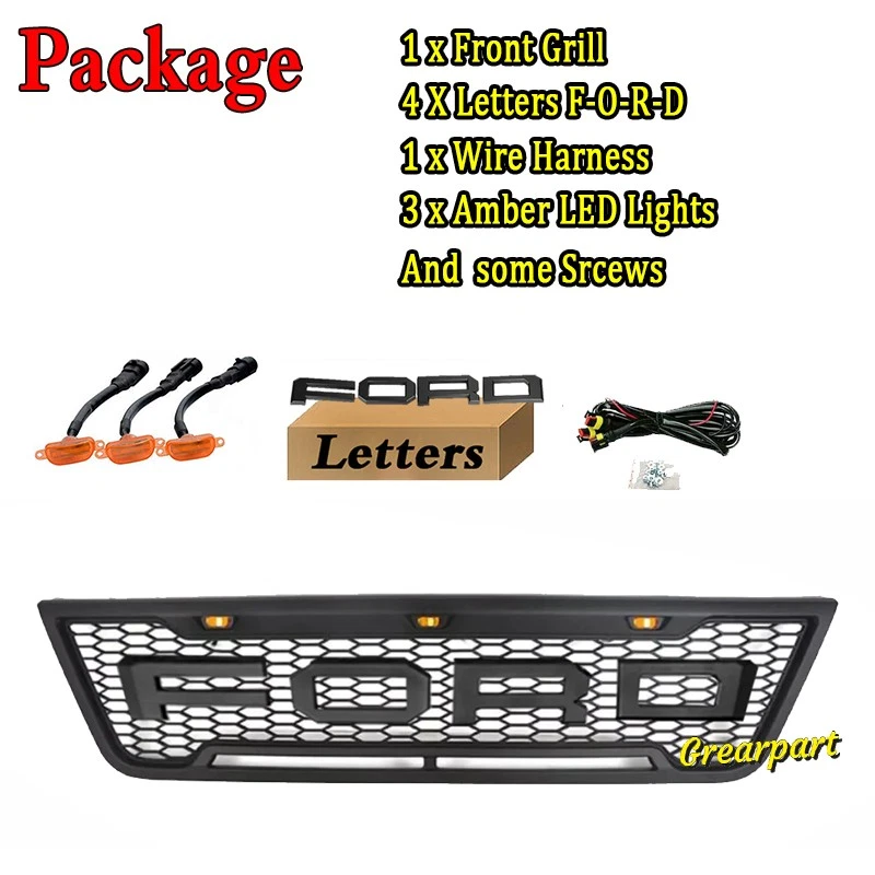 Parrilla delantera estilo Raptor para Ford E150 E250 E350 2003-2007 con letra y LED Foto 3 de 4