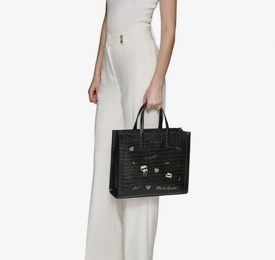 Karl Lagerfeld Paris Black Crocodile Embossed Tote Applique Detachable Strap
