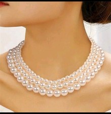Layered Multi-Strand White Pearl Beaded Necklace Round Fashion Jewelry