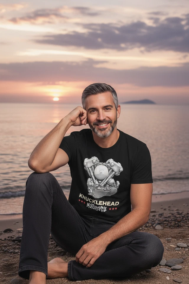 Старая школа Knucklehead мотоцикла ретро мотоциклиста унисекс классическая футболка - Изображение 3 из 4