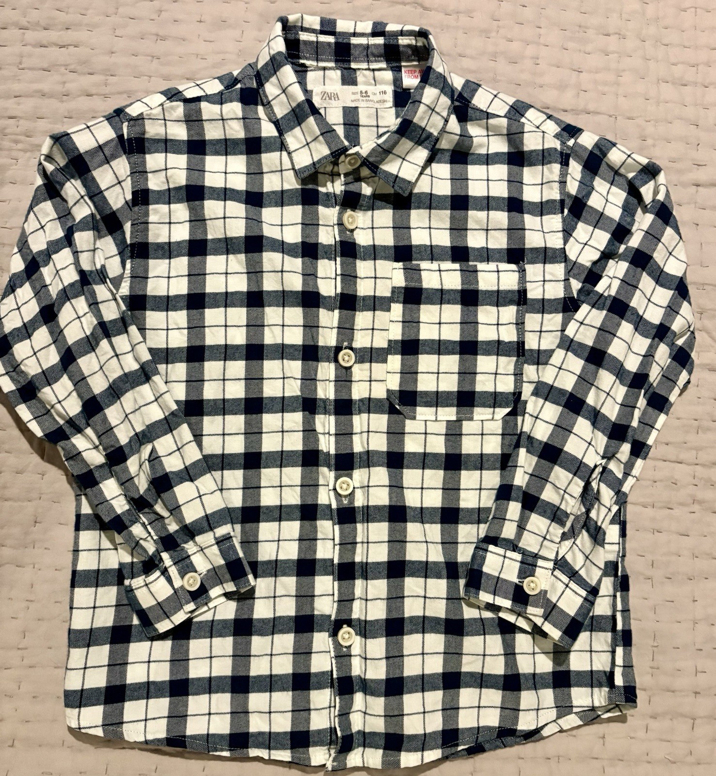 Zara Boys Flannel Shirt Size 5-6 Years Blue & White Button Down 100% Cotton