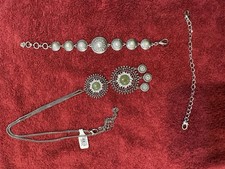 Western Concho Necklace, Bracelet Set With Silver Tone Green Stones