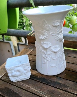 Kaiser Bisque Porcelain 3d Floral Design White Vase, Signed, No 0621, Candleh. 