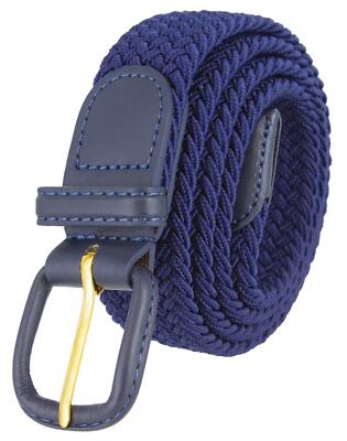 Navy Stretch Belt Leather Covered Buckle Woven Elastic Stretch Belt 1-1/4'' Wide