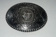 Nocona Belt Company Silver Oval Western Religious Cross - Vintage Buckle 3-7/8”