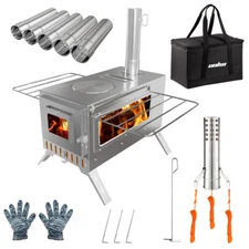 Portable Hot Tent Stove Wood Burning Stove w/ 7 Stainless Chimney Pipes Camping