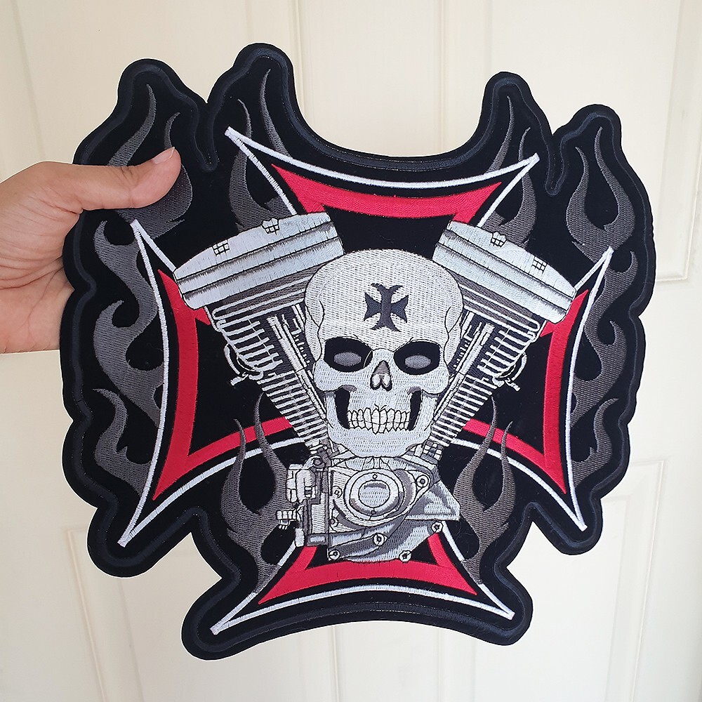 Embroidered Patch Iron Cross Skull V-Twin Chopper MC Biker