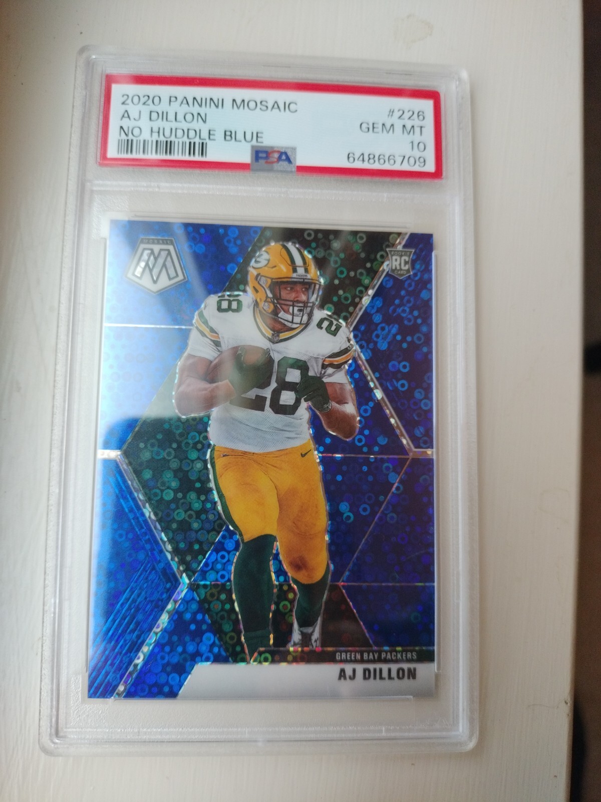 2020 AJ Dillon Panini Mosaic No Huddle Blue 66/75 Rookie RC Packers PSA 10
