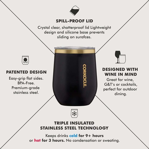 Corkcicle Classic 12oz. Steel Stemless Cup with Lid, VIP Black - Picture 4 of 5