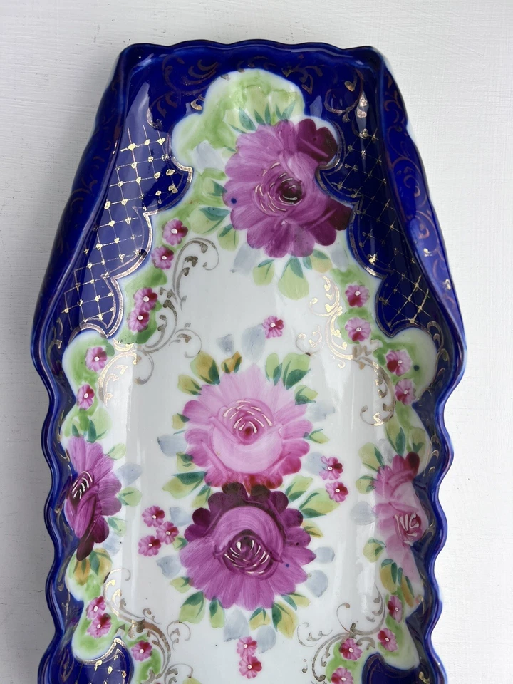Vintage Ultramarine Blue Gilt Pink Roses Hand-Painted Relish Candy Decor Dish - Изображение 4 из 4