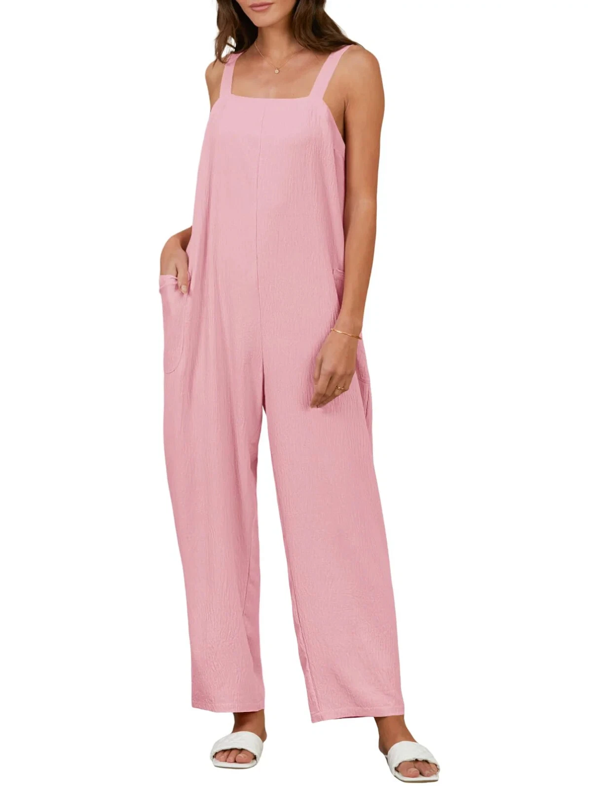 Jumpsuit Bib Overalls Adjustable Sleeveless Wide Leg Pants Romper Overall Pink S