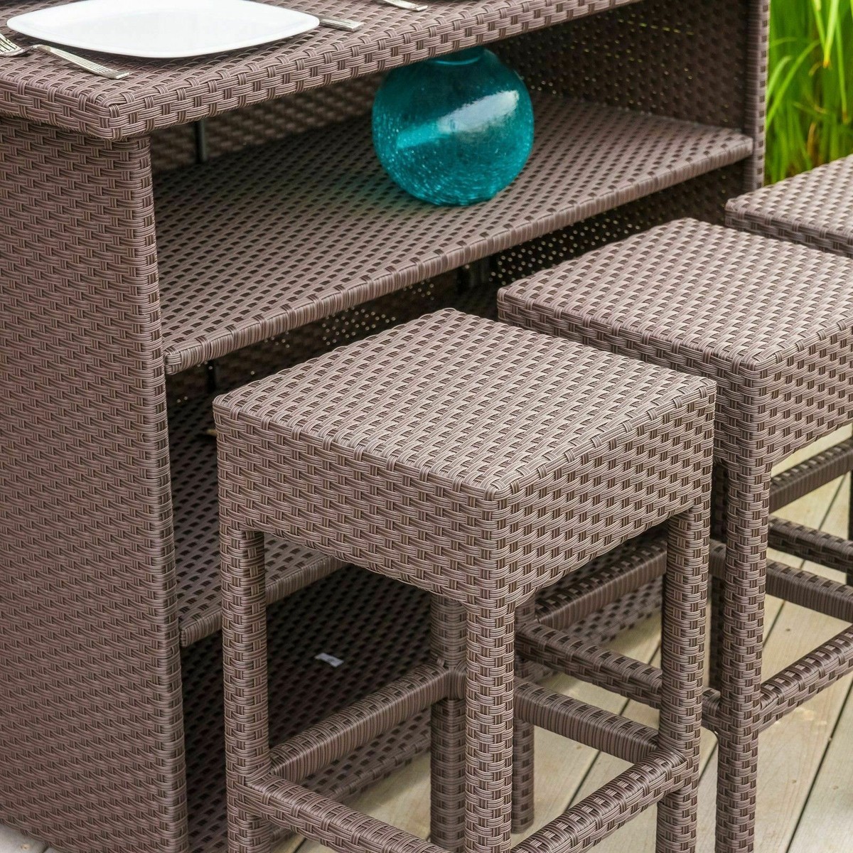 GDFStudio Rudolfo 7-Piece Outdoor Bar Set – Brown Wicker & Iron, Patio Furniture