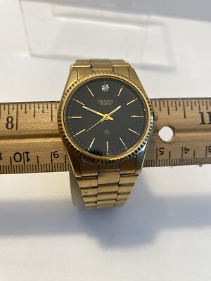 Vintage Orient Quartz Gold Tone Black Dial Men's Dress Watch NEEDS