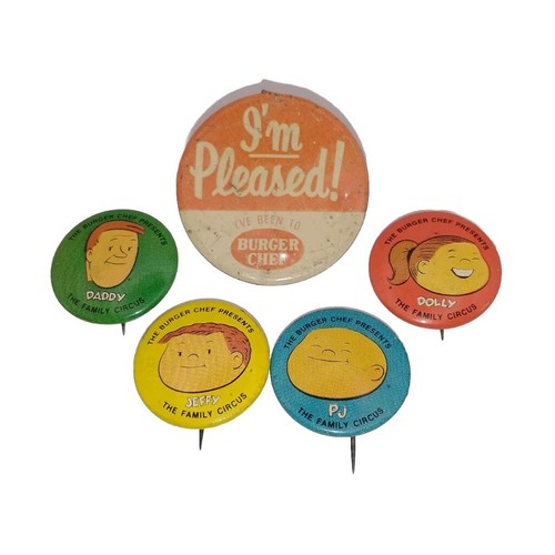 1960s Burger Chef Bill Keane Family Circus Cartoon Premium Pins + 1 Fold-Over