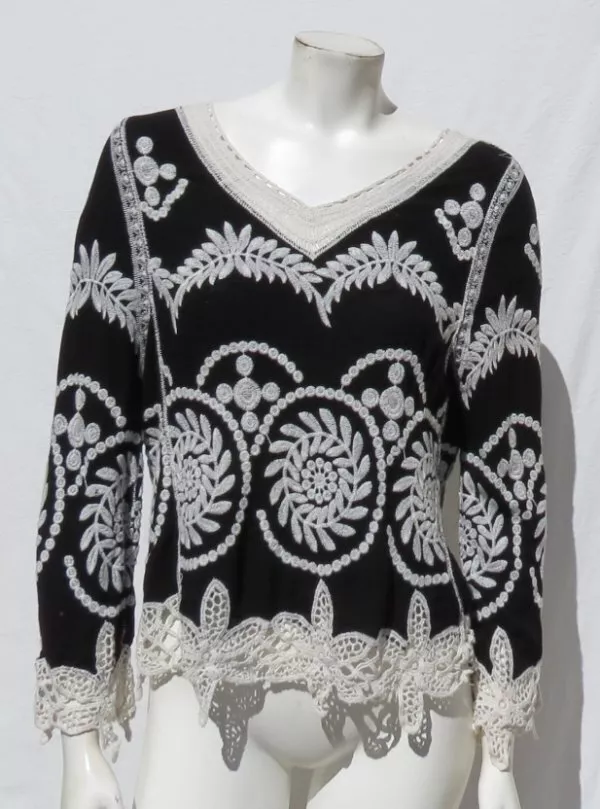 LAPIS US Women’s S Black Ivory Embroidered Rayon Crochet Lace Shirt Blouse Top