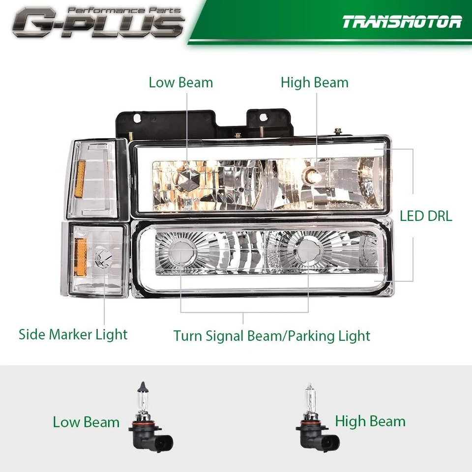 Faros de tubo LED transparentes/ámbar aptos para Chevy C/K GMC Sierra Tahoe 88-93 Foto 3 de 4
