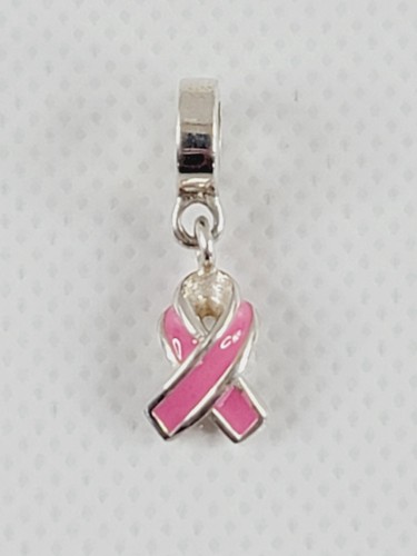 925 Sterling Silver Pink Breast Cancer Awareness Ribbon Bead for Charm Bracelet - Picture 2 of 5