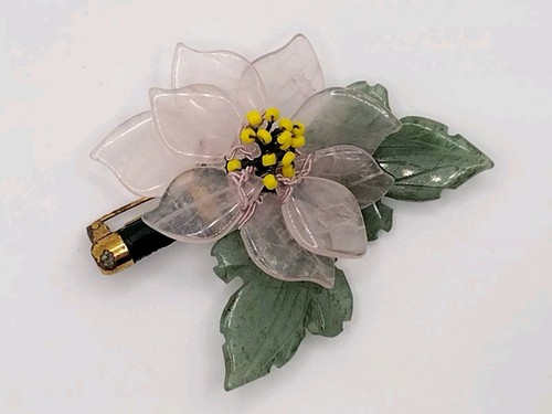 Beautiful Flower Carved Rose Quartz & Jadeite Gemstone Brooch - Picture 2 of 5