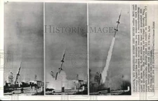 1956 Press Photo NACA rocket missile launches at Wallops Island station, VA