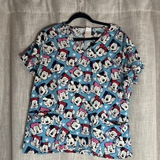 Disney Mickey And Minnie Mouse Women  s Scrub Top Size L Hearts Cute Medical Top