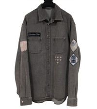 Dior Men Embroidered Patches Denim Button Down Shirt Size 41 Gray Stretch Jean