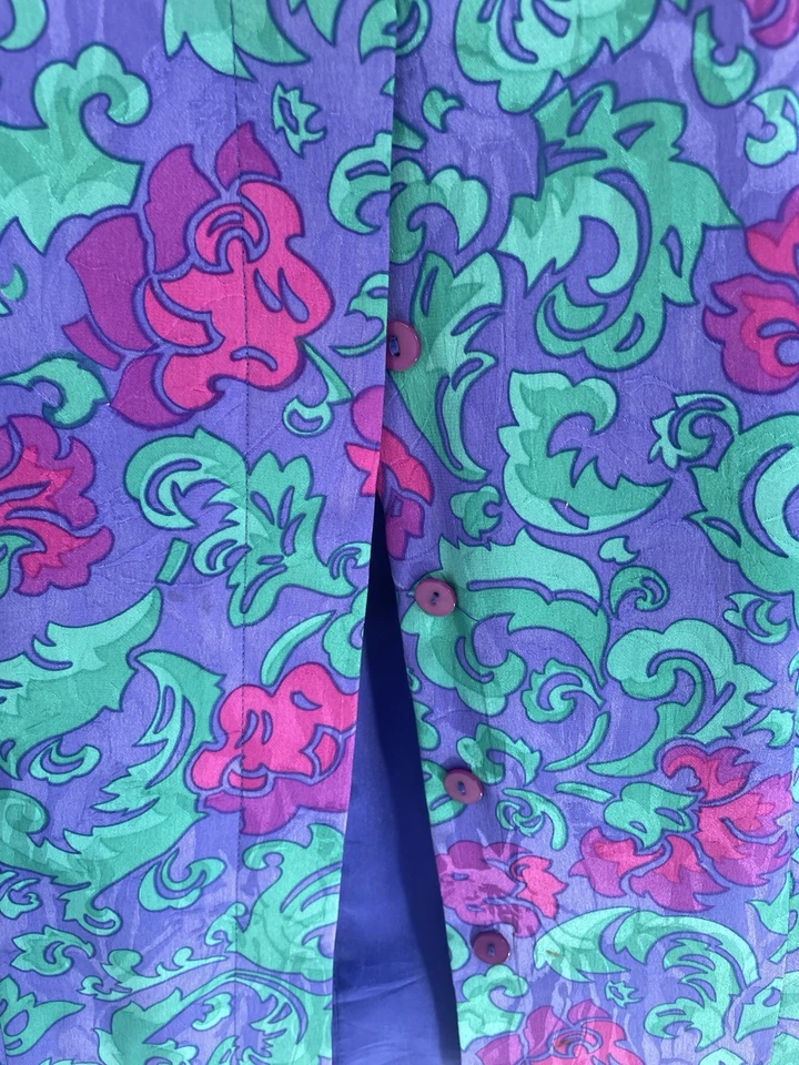 Precioso conjunto de traje falda vintage Adrianna Papell floral púrpura verde seda talla 8 Foto 2 de 4