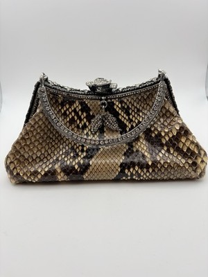 Clara Kasavina Snake Skin Crystal Handled Purse with Rose Clasp