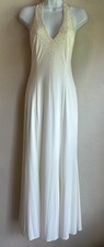 Vintage 90s Y2K Niki Livas Cream Gold Dress Beaded Halter Prom Mermaid Gown 12