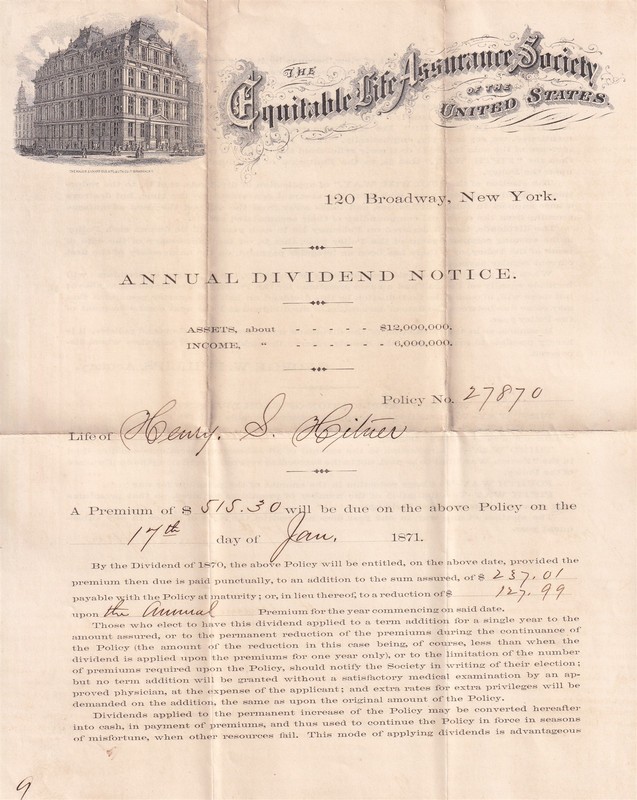 Original 1871 EQUITABLE LIFE ASSURANCE SOCIETY INSURANCE POLICY Henry Hitner