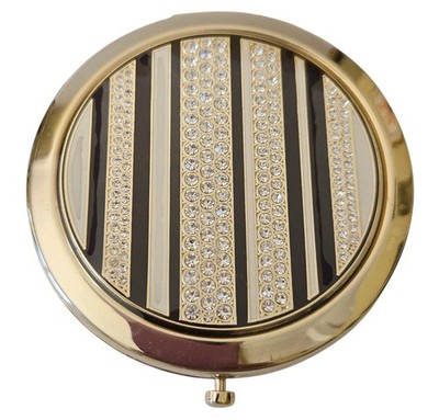 Henri Bendel Iconic Swarovski Crystals 2 Sided Compact Mirror Stripes Gold w/Box