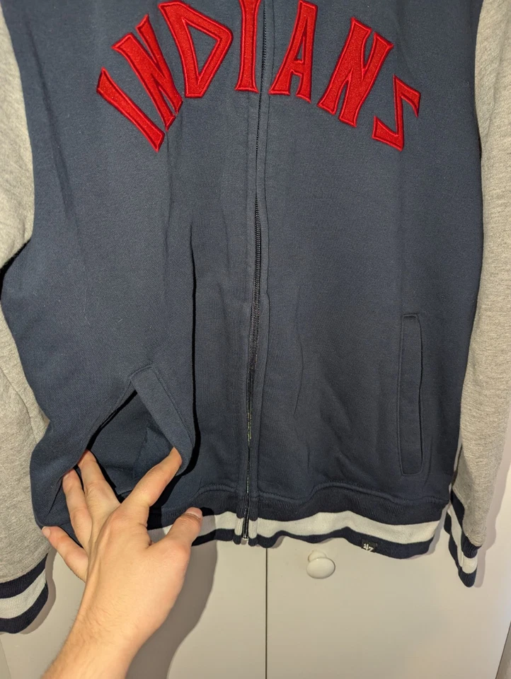 Jaqueta de atletismo masculina 47 marcas Cleveland Indians tamanho P azul cinza zíper completo logotipo liga principal de beisebol  - Imagem 3 de 4