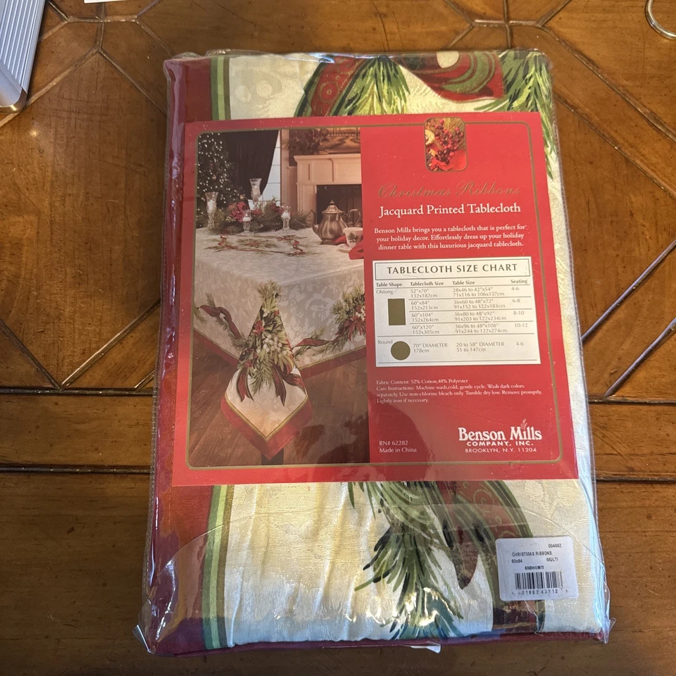 Christmas Ribbons Engineered Printed Fabric Table Cloth, Winter, Holiday 60”x84 - Image 4 of 4