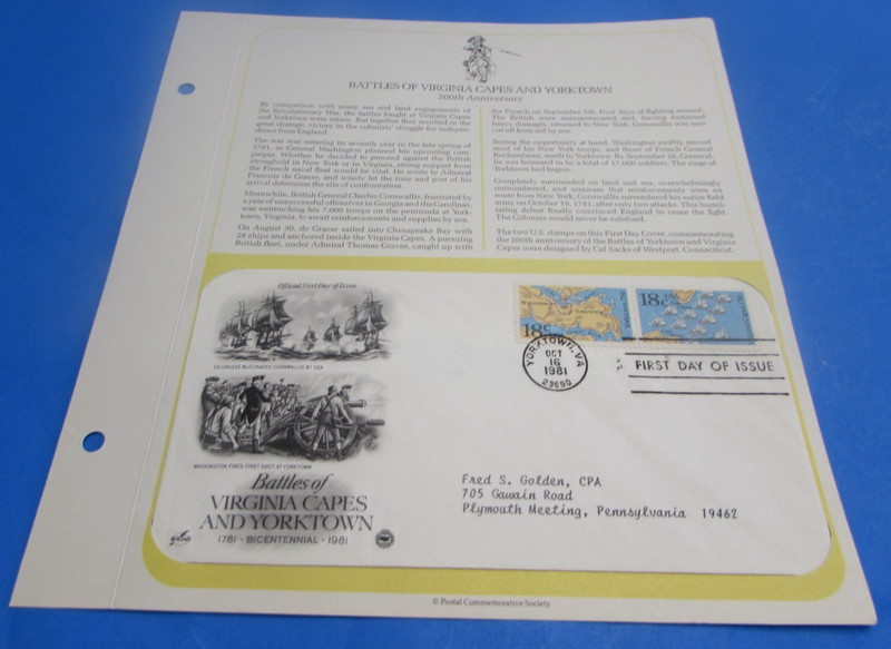 1981 BATTLES OF VIRGINIA CAPES & YORKTOWN - FIRST DAY COVER - ARTCRAFT - EXCEL