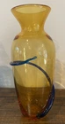 SALE/Blenko Handblown Art Glass Vase AMBER with Cobalt BLUE Swirl Coil 11-1/2"