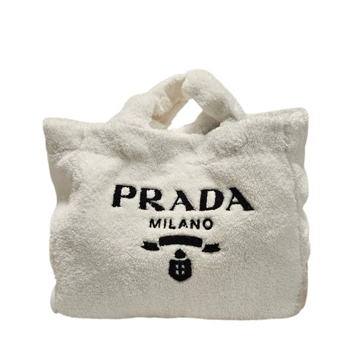 Prada White Shearling Logo Print Tote Bag Preloved Excellent Condition