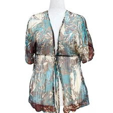 Vtg Karen Kane Paradise Found Sheer Peplum Top L Tie Cardigan Brown Bling Fairy