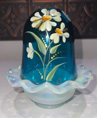 Fenton Fairy Lamp Turquoise Blue and White Carnival Floral GLOWS