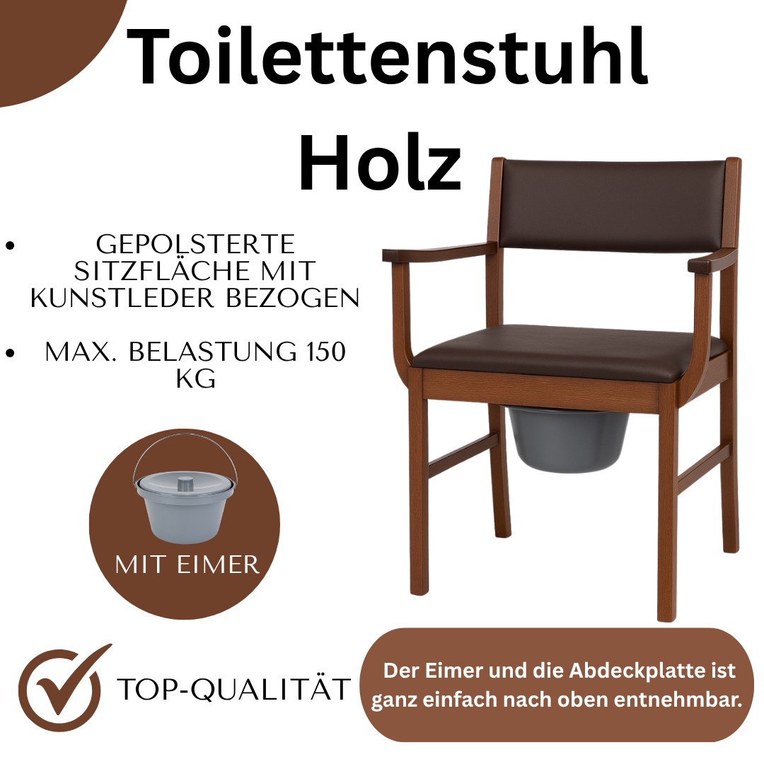 Toilettenstuhl Holz dunkel, gepolstert, mit Eimer & Deckel, Medizinprodukt**