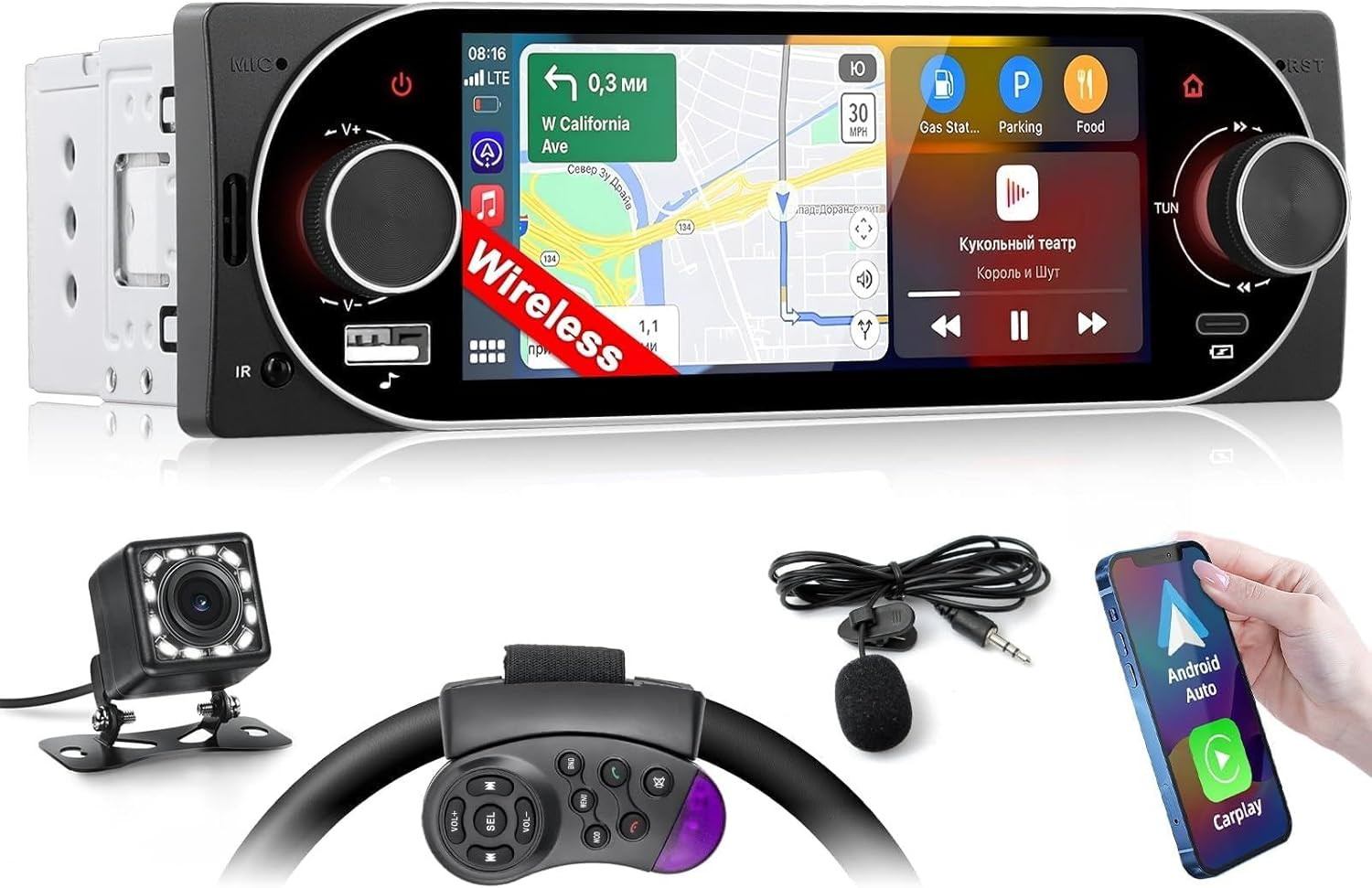Radio Auto 1 Din con Wireless Android Auto e Apple CarPlay Schermo 5"
