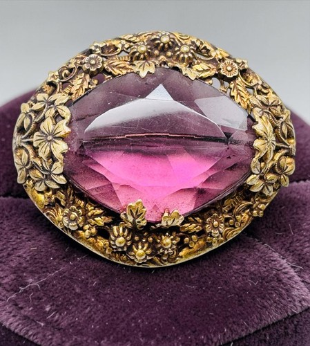 Antique Edwardian Purple Glass Floral Brass Brooch Pin C Clasp