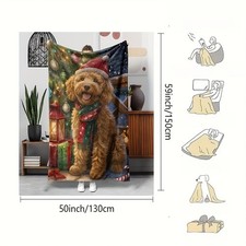 1pc Christmas Flannel Blanket, Merry Christmas Blanket with Teddy Dog in Hat D