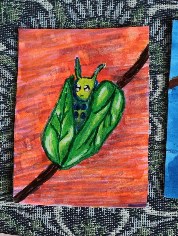 ACEO Original Art Card 2.5" x 3.5" Cute Caterpillar Insect Bug Mixed Media