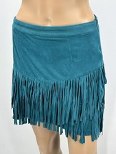 Boho Fringe Mini Skirt Size Regular 6 Teal Suede
