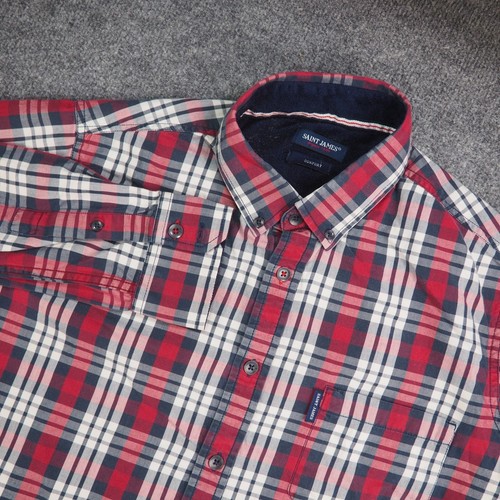 Saint James, Saint James Shirt Mens Large Confort Red Blue Plaid Long Sleeve Button Up