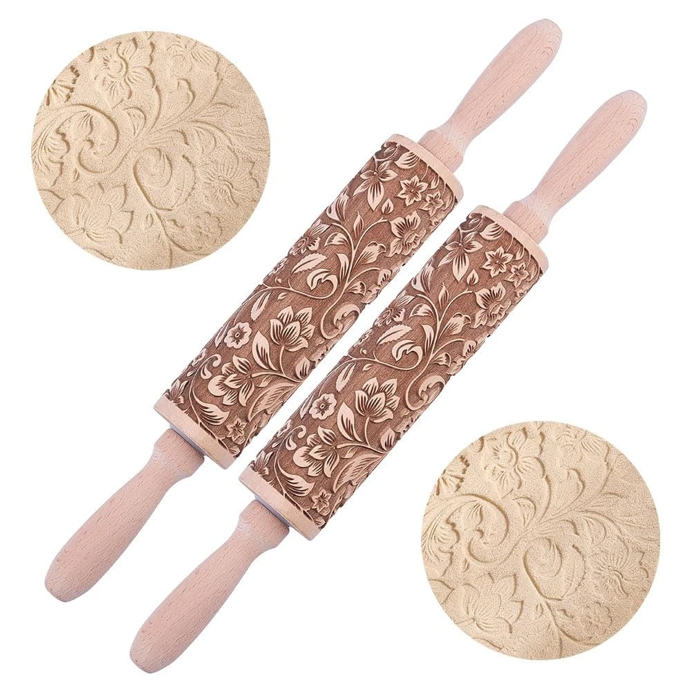 2pcs Embossed Wooden Rolling Pin Darker 3D Flower Rattan 35cm Rolling Pin for...