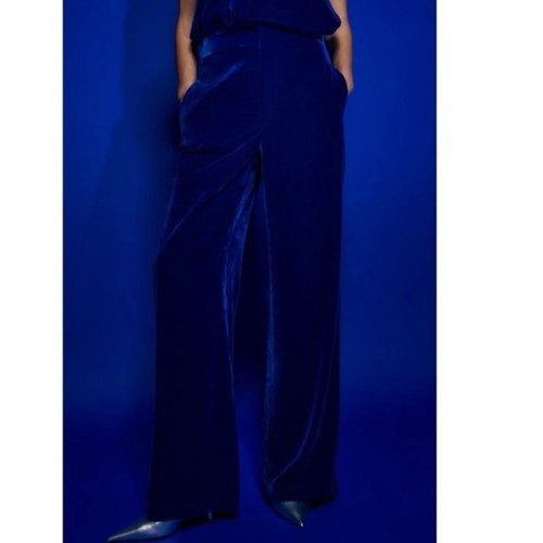 Zara Blue Velvet Velour High Waist Wide Flared Leg Crop Ankle Trousers Pants S - Picture 11 of 14