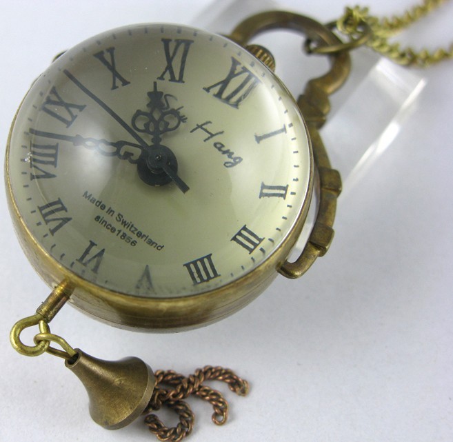 Glass Ball Skeleton Antique Bronze Mechanical Pocket Watch