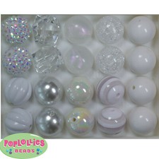 20mm Bubblegum Beads Lot 20 pc. WHITE Mixed beads Chunky Jewelry Necklace