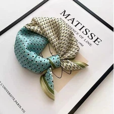 100% Mulberry Silk 20'' Small Scarf Women Neckerchief Wrap Green Blue Geometric